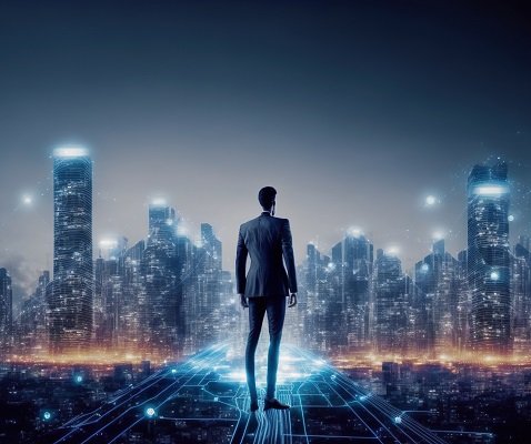 Businessman walking on virtual reality platform to futuristic smart city