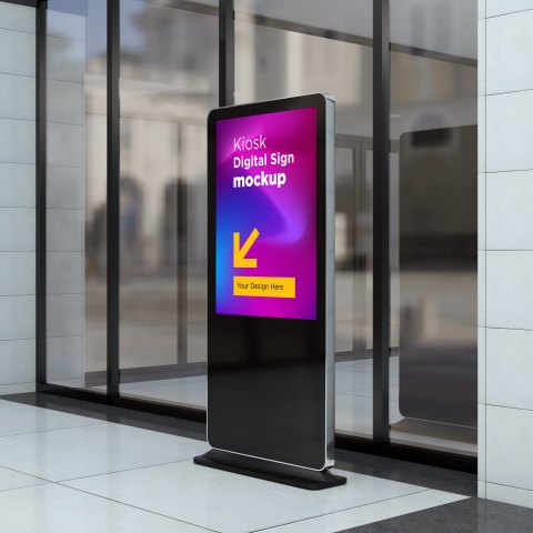 Digital signage displayed prominently in a modern lobby.