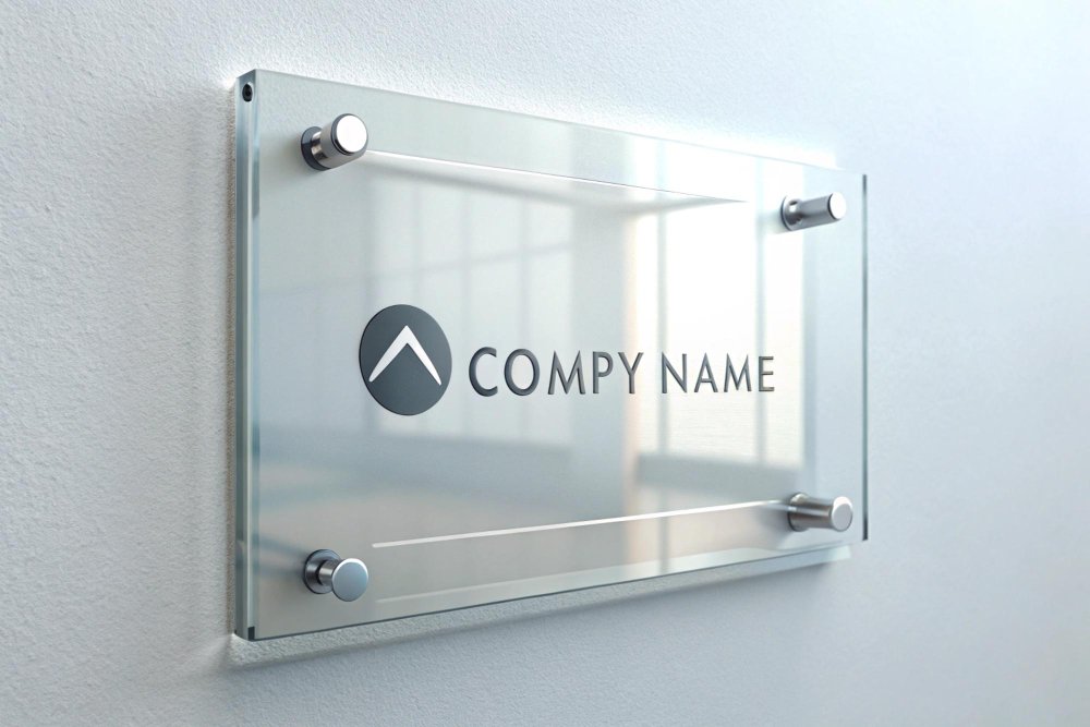 Clear acrylic sign with metal standoffs displaying a modern company name.