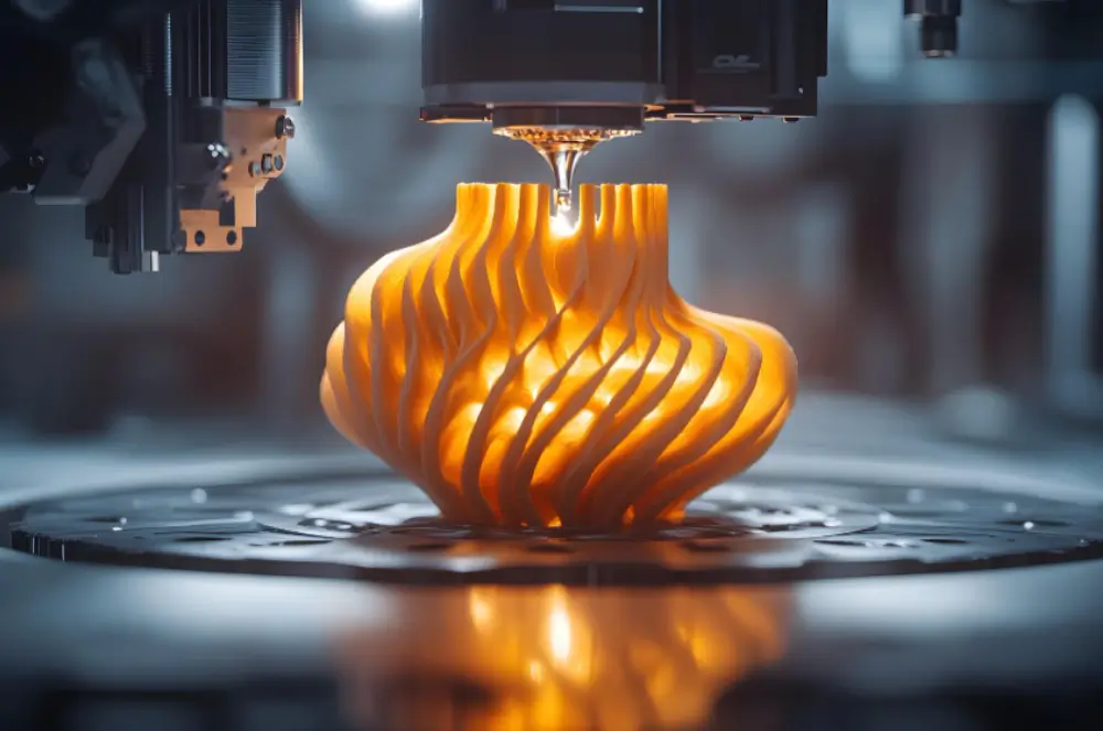 A 3D printer in action, creating an intricate, swirling vase with a glowing orange hue. The machine's nozzle is positioned above the object, showcasing the printing process in a modern and high-tech setting.