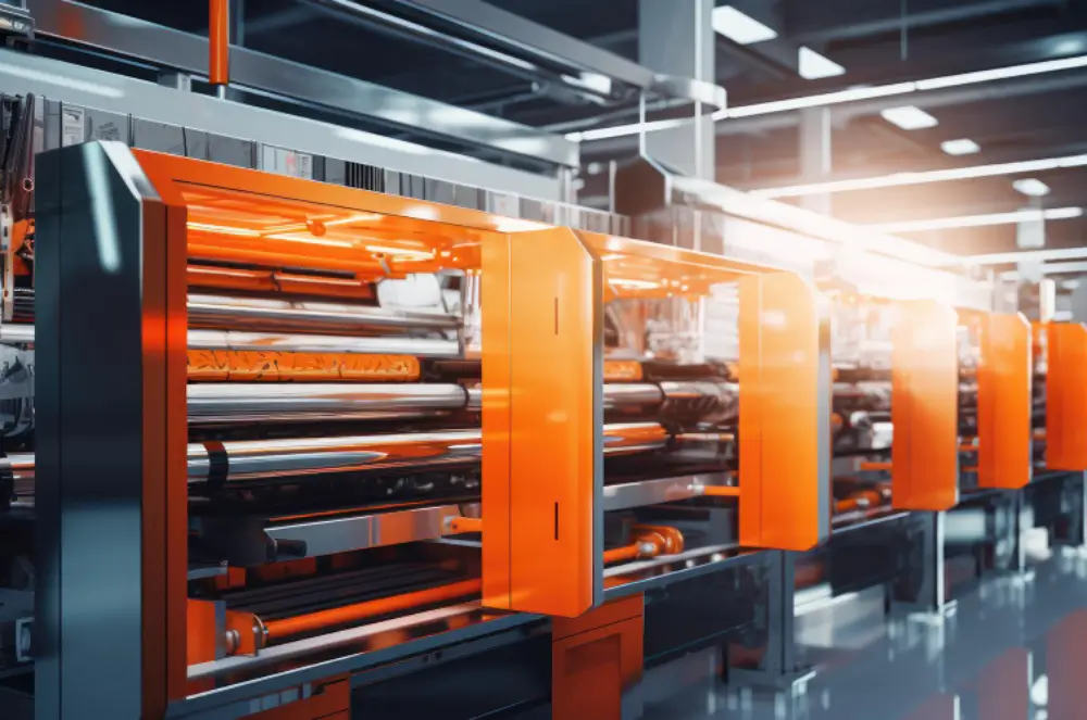 A modern printing press machine with vibrant orange panels under bright overhead lights, reflecting on a shiny floor, in an industrial setting.